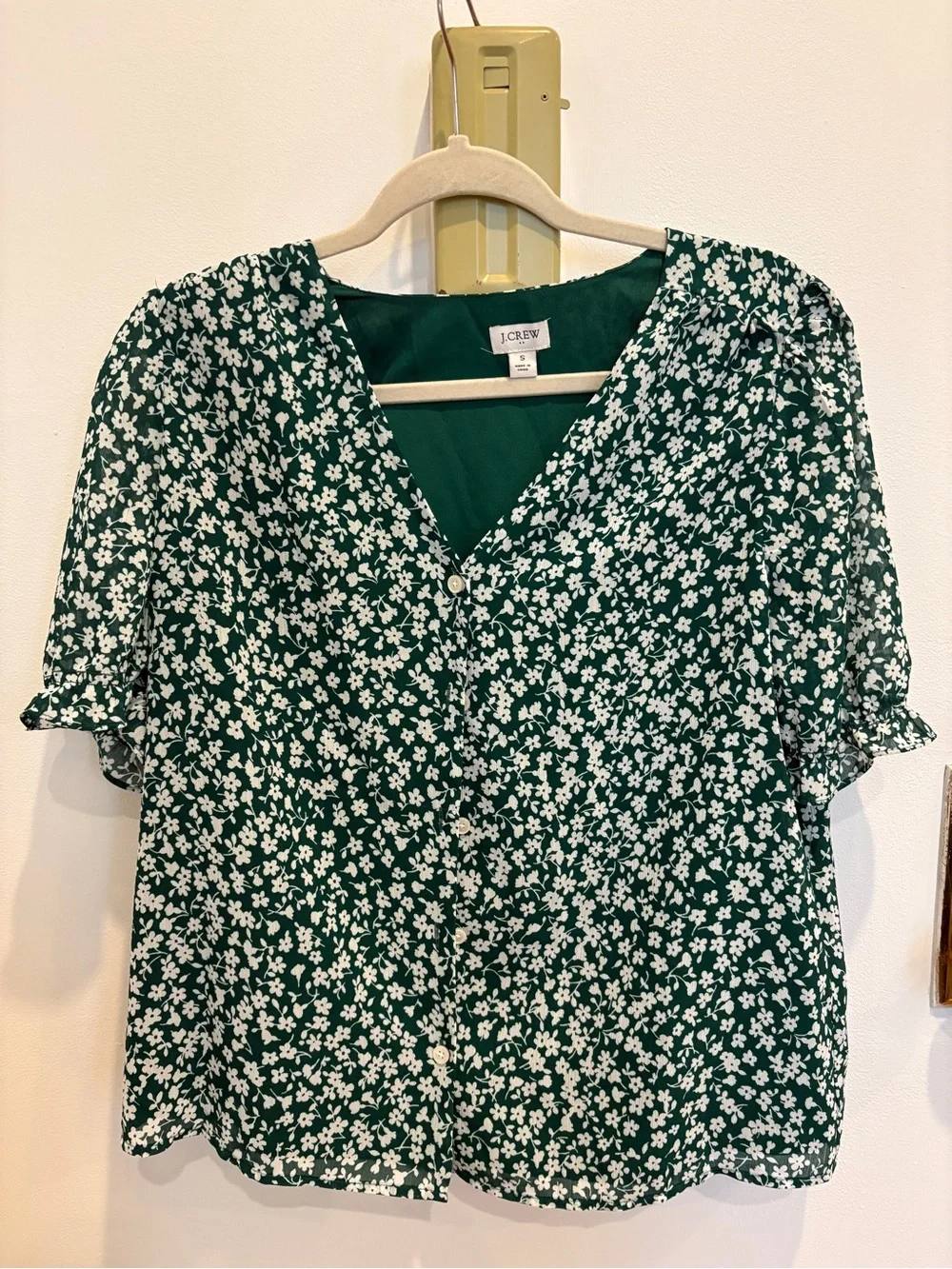 J. Crew Dark Green Floral Button-Front Blouse